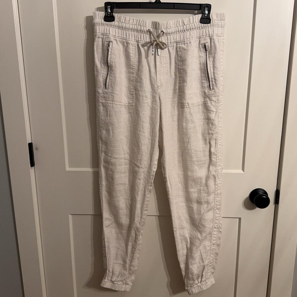 Athleta Jogger Pants Sz 12 Beige Cabo Linen Waist Zip Pockets Travel Casual Prep